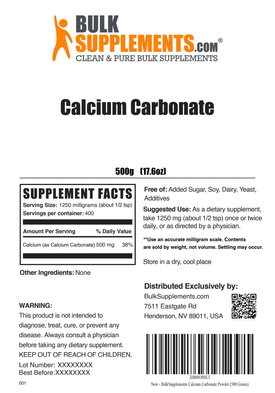 Calcium Carbonate powder label 500g