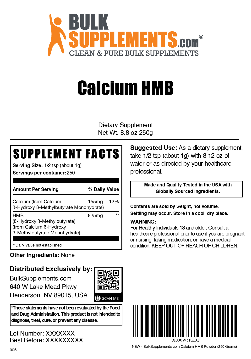 Calcium HMB powder label 250g