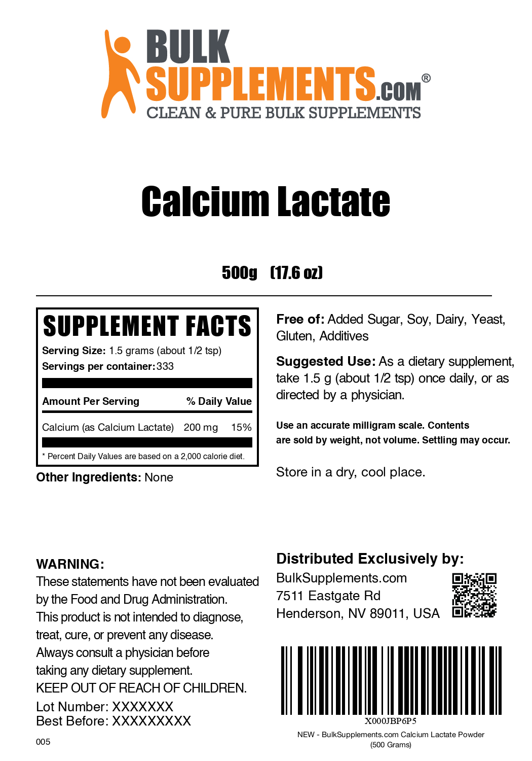 Calcium Lactate powder label 500g