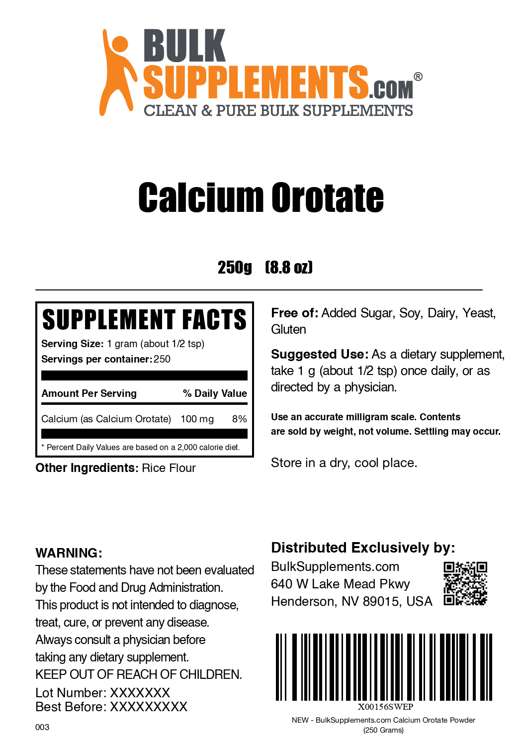 Calcium orotate powder label 250g