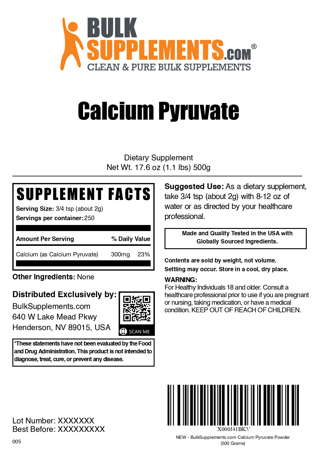 Calcium Pyruvate powder label 500g