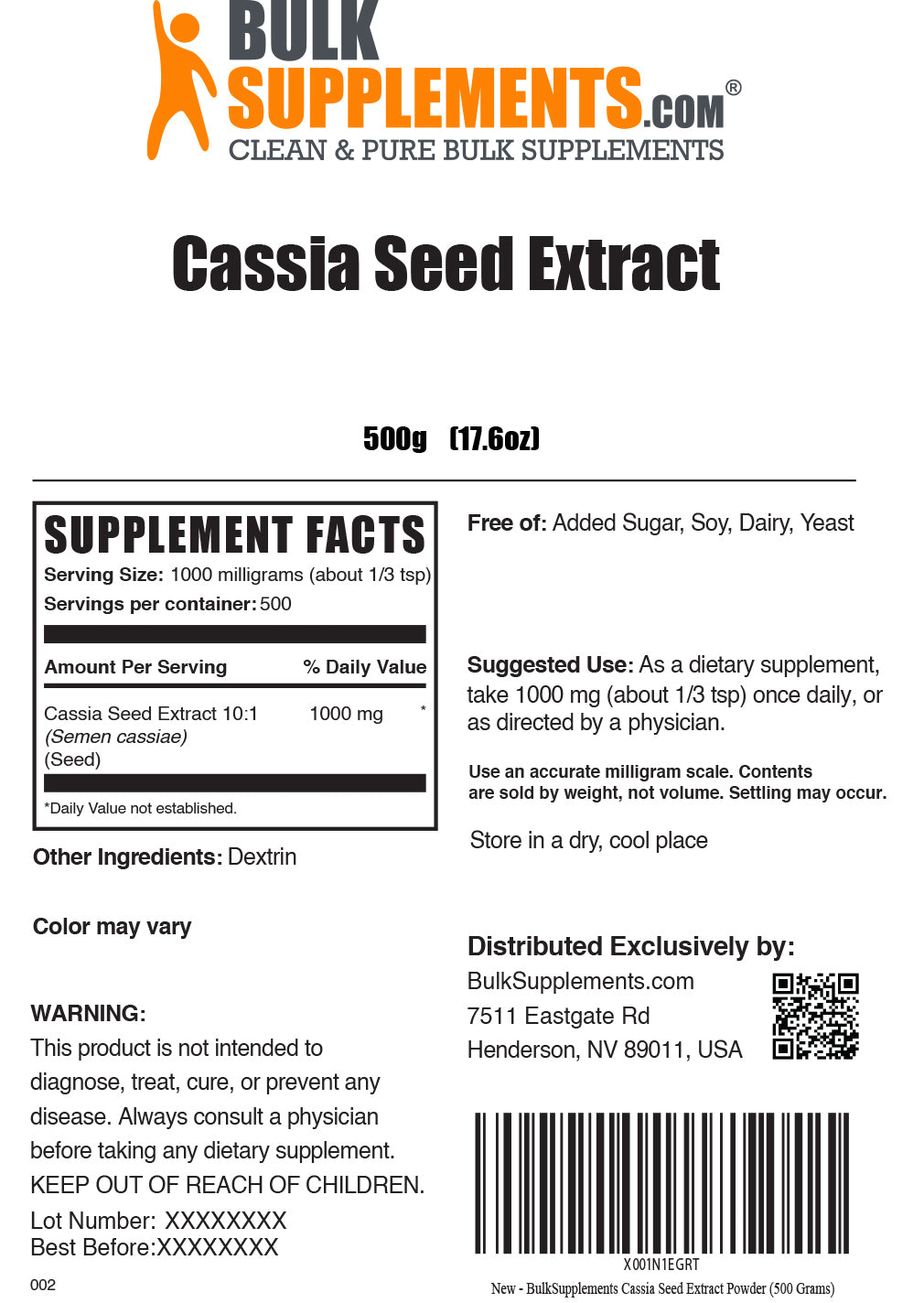 Cassia seed extract powder label 500g