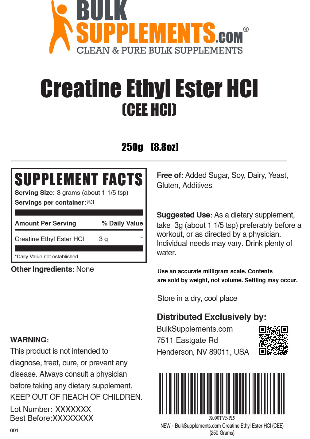 Creatine Ethyl Ester HCl powder label 250g