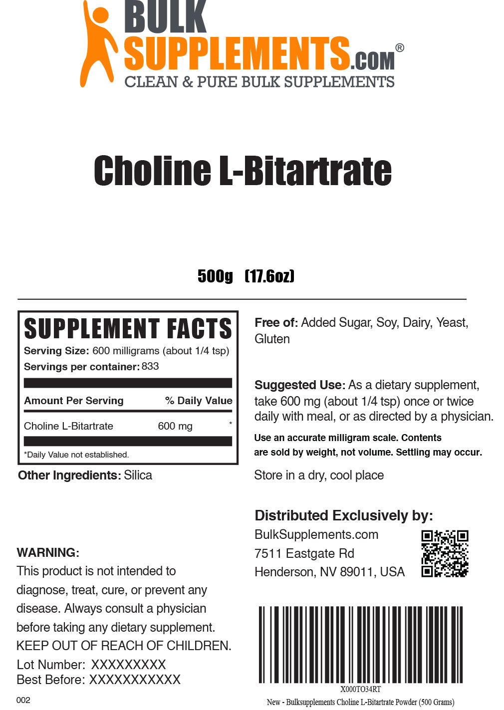 Choline L-Bitartrate powder label 500g