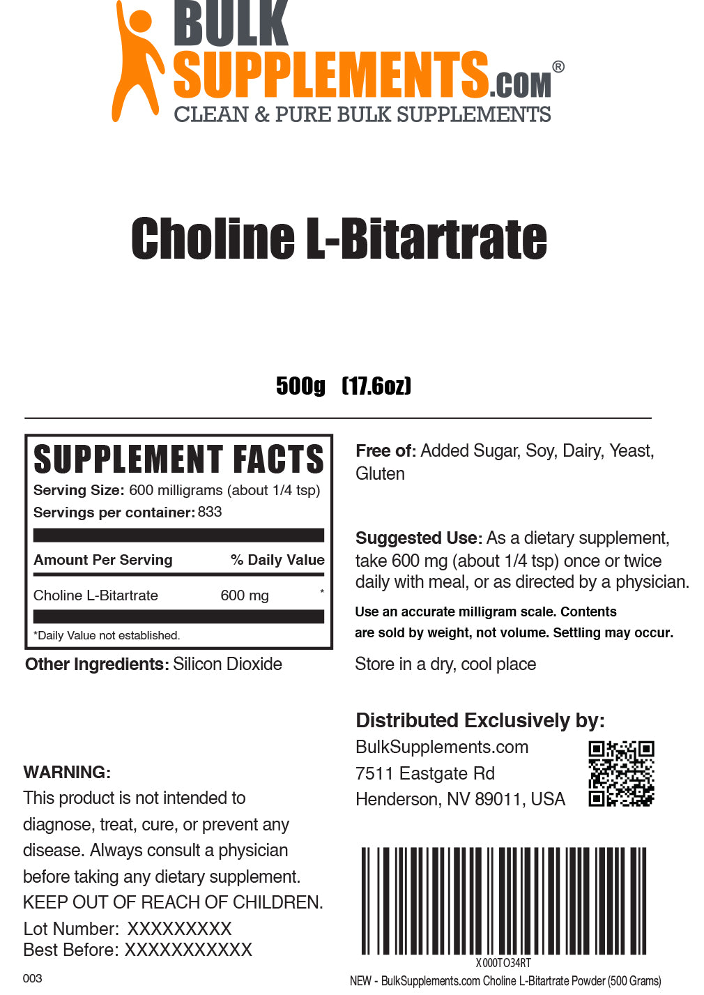 Choline L-Bitartrate Powder label 500g