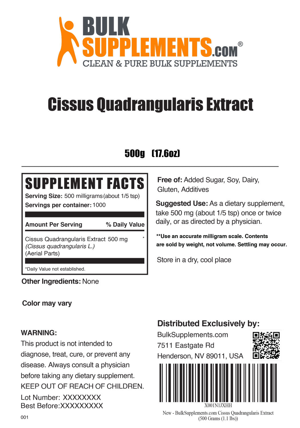 Cissus Quadrangularis Extract Powder label 500g