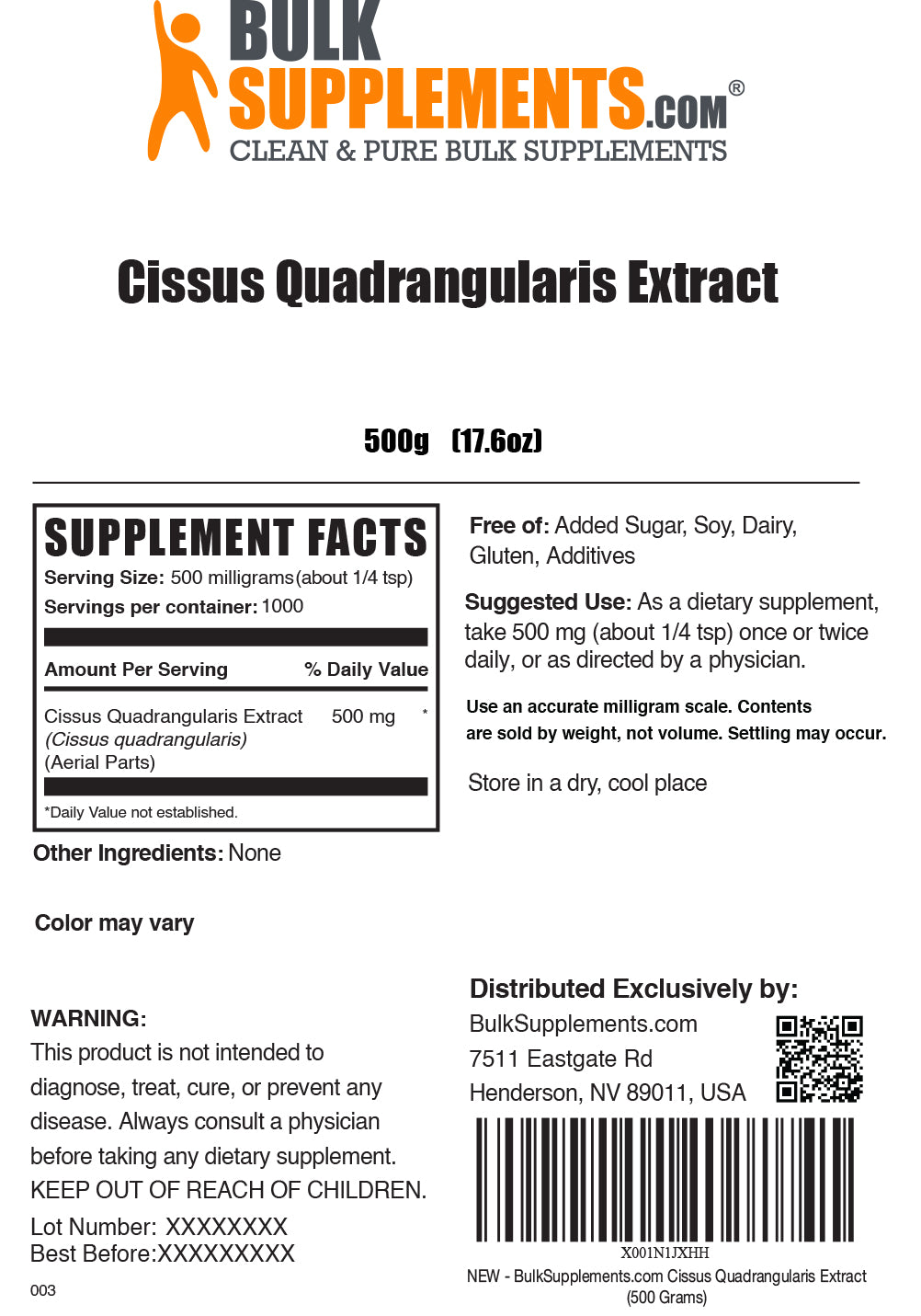 Cissus Quadrangularis Extract Powder label 500g