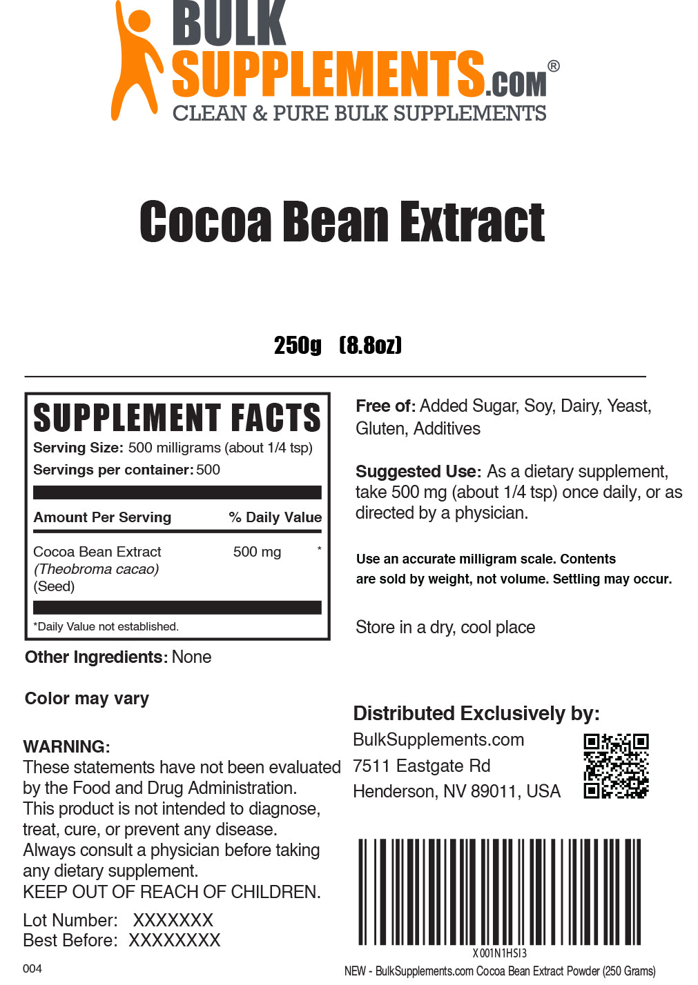 Cocoa Bean Extract powder label 250g