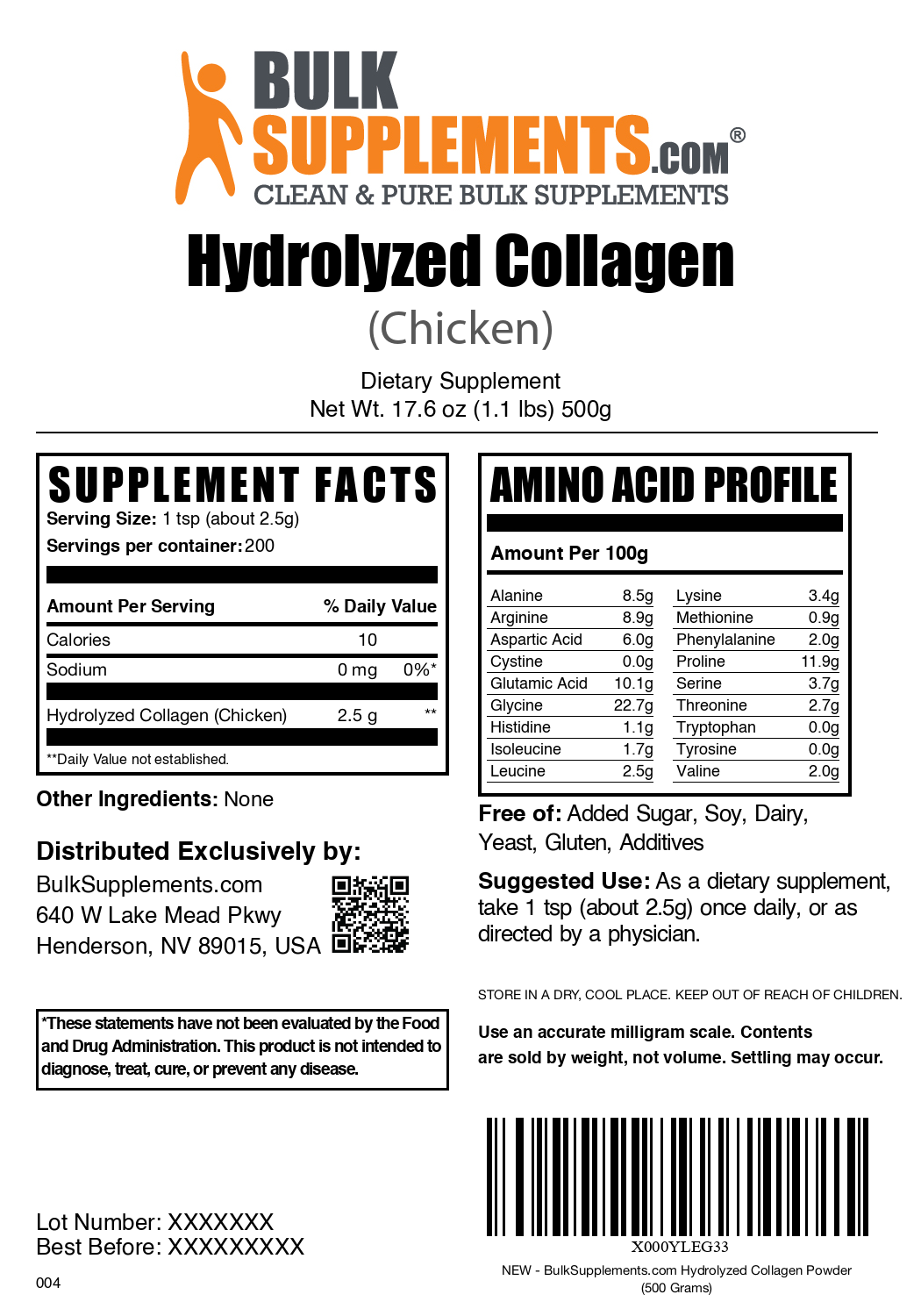 Hydrolyzed Collagen (Chicken) powder label 500g