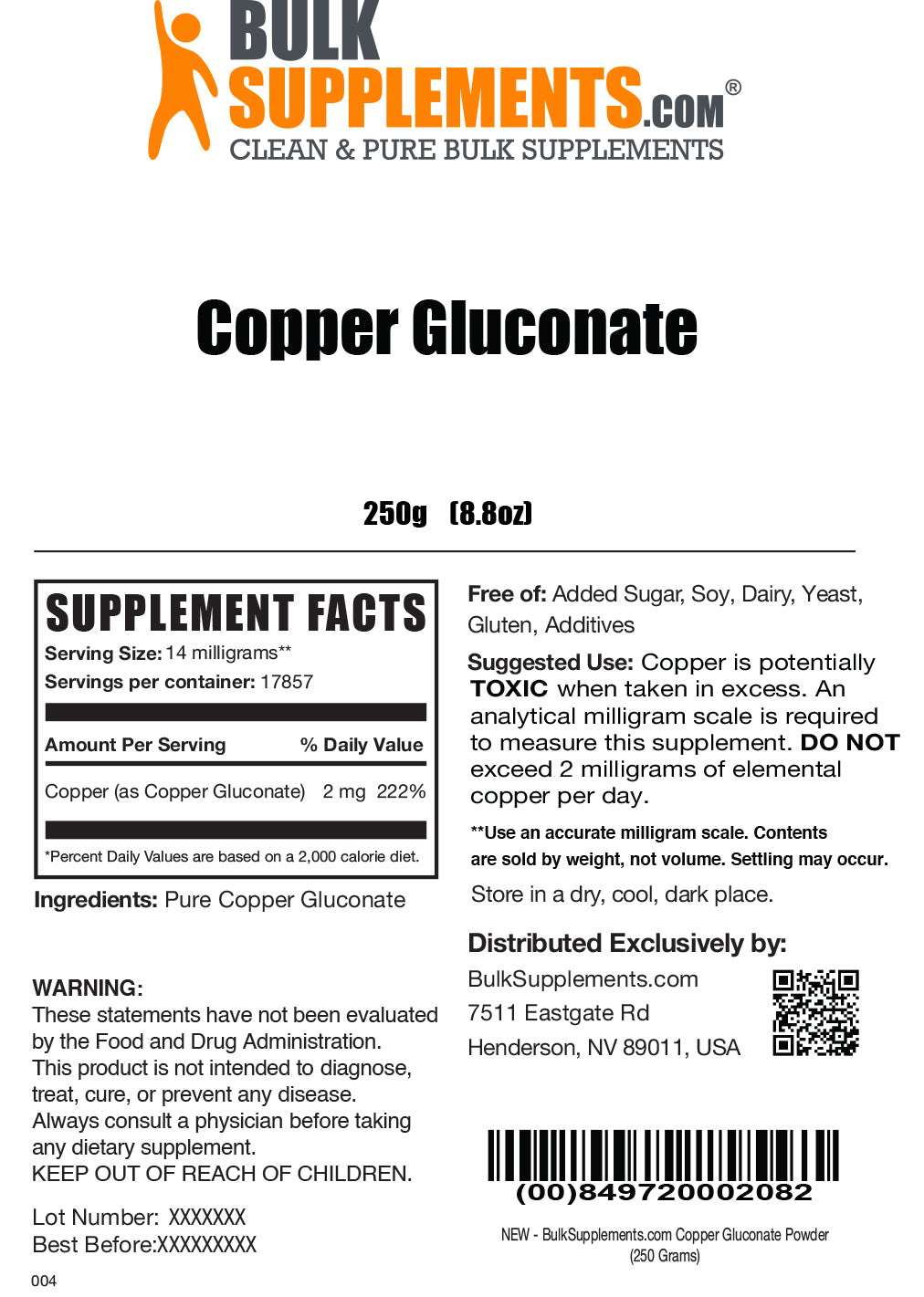 Copper Gluconate powder label 250g