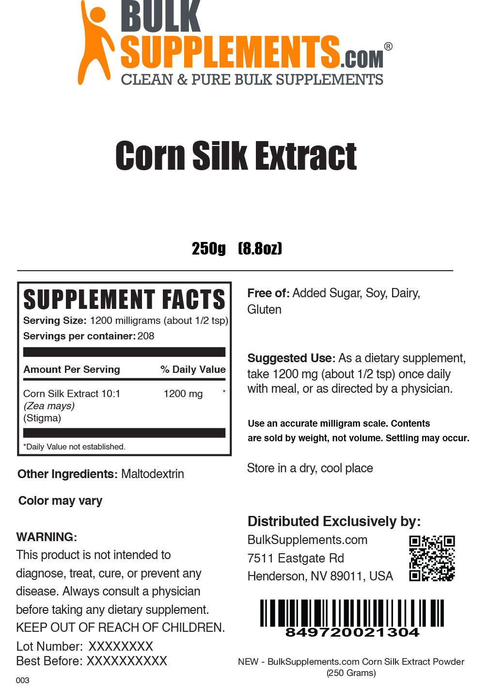 Corn Silk Extract powder label 250g