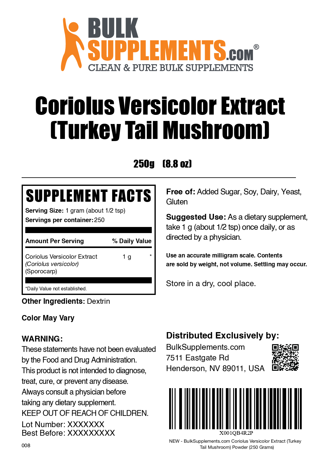 Turkey Tail Mushroom Extract powder label 250g