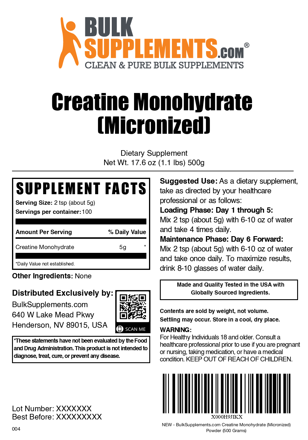 Creatine monohydrate powder label 500g