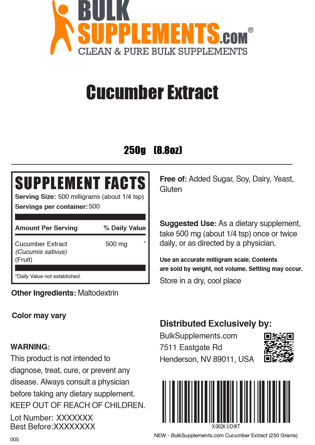 Cucumber extract powder label 250g