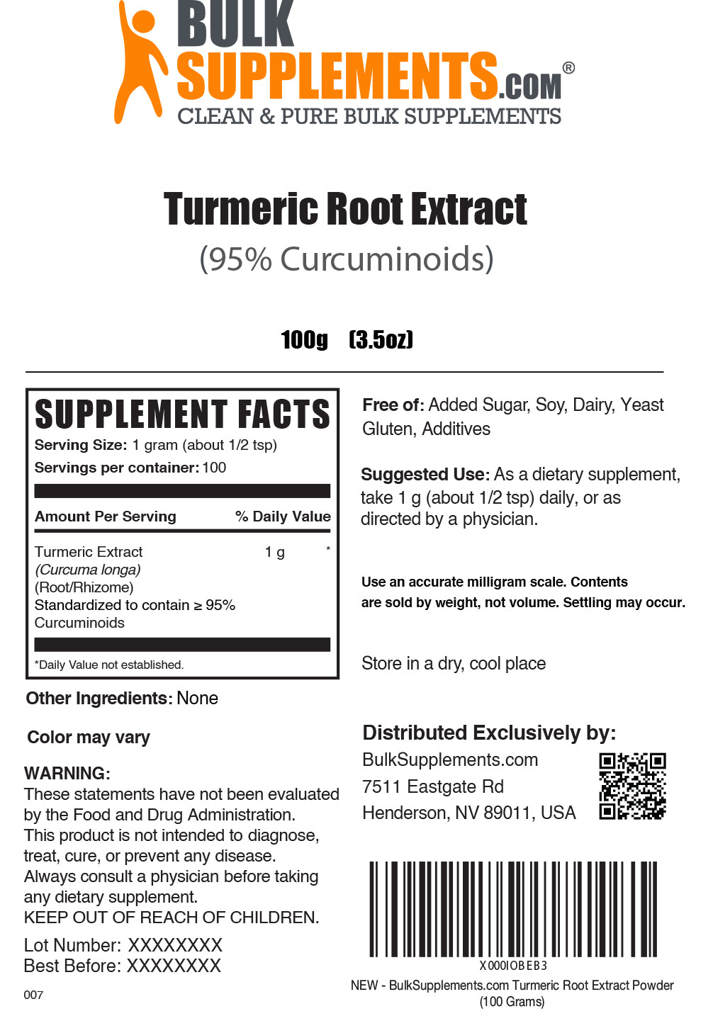 Turmeric Extract (95% Curcuminoids) powder label 100g