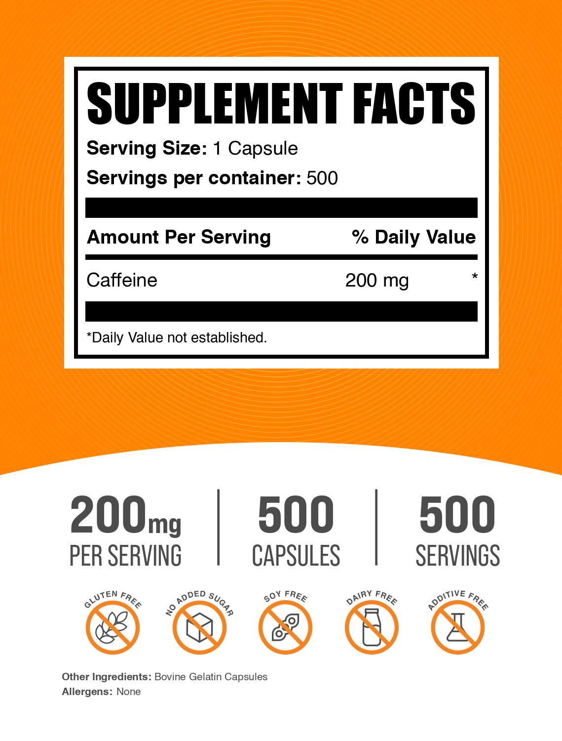 Caffeine capsules 200mg 500ct label