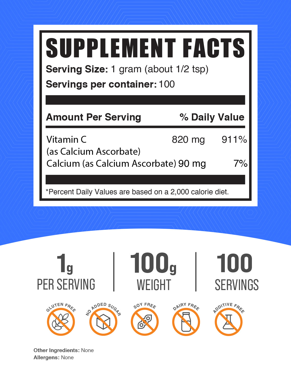 Calcium Ascorbate (Vitamin C) powder label 100g