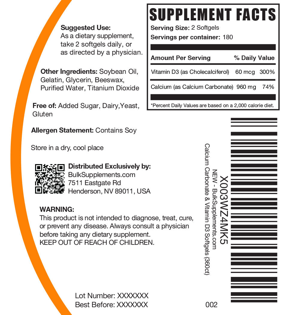 Calcium Carbonate & Vitamin D3 Softgels 360 ct label