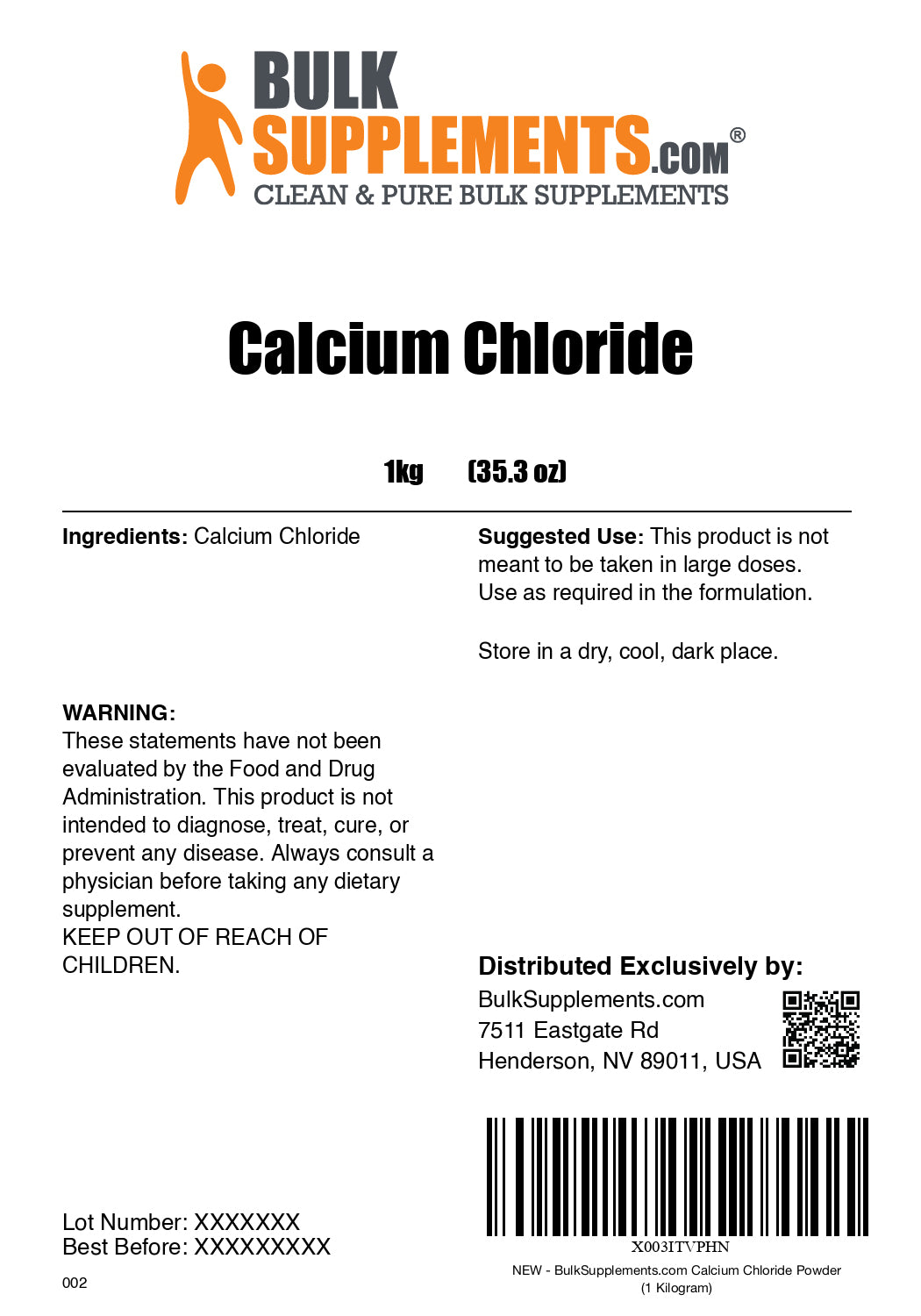 Calcium chloride powder label 1kg