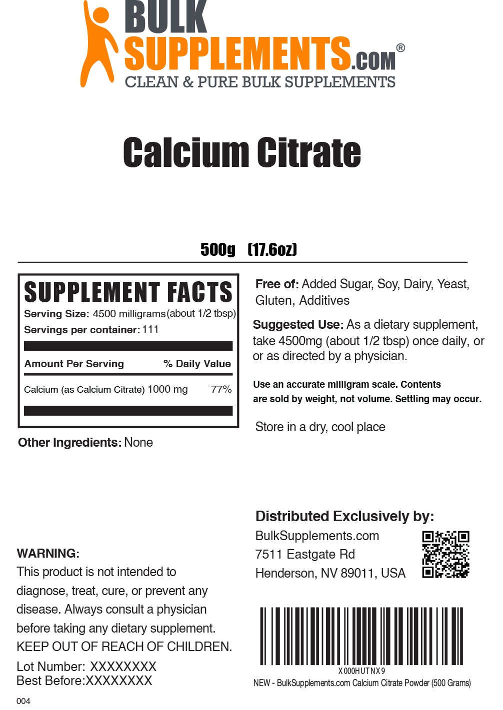 Calcium citrate powder label 500g