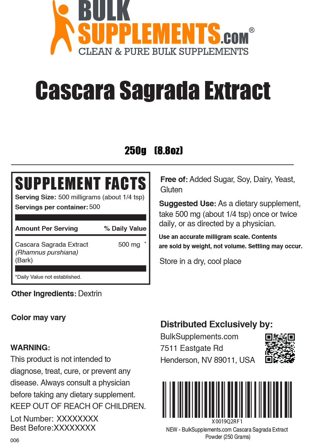 Cascara sagrada extract powder label 250g