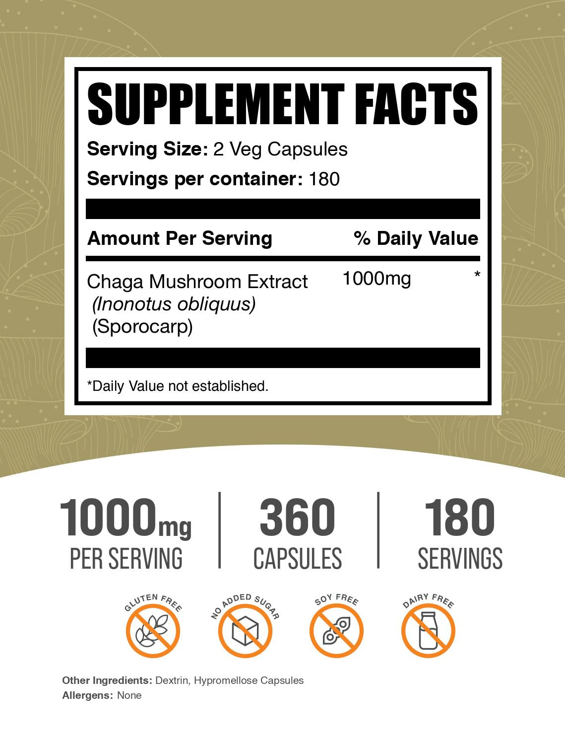 Chaga Mushroom Extract 360 capsules label