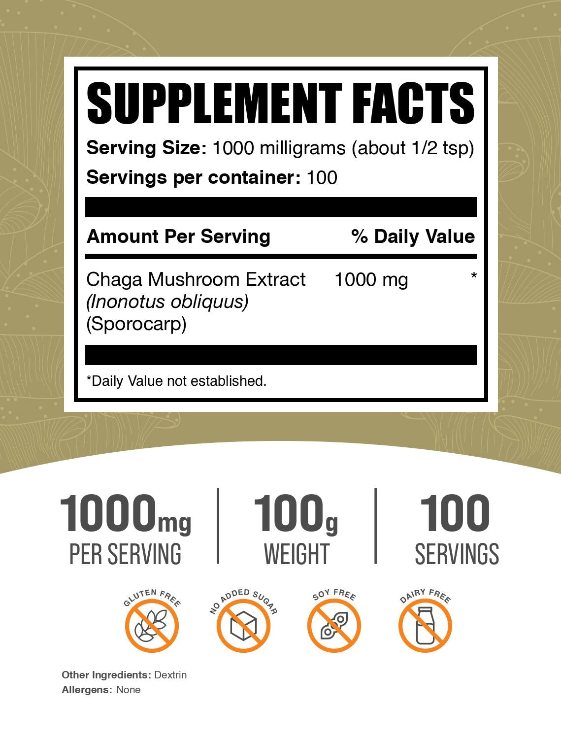 Chaga mushroom extract powder label 100g