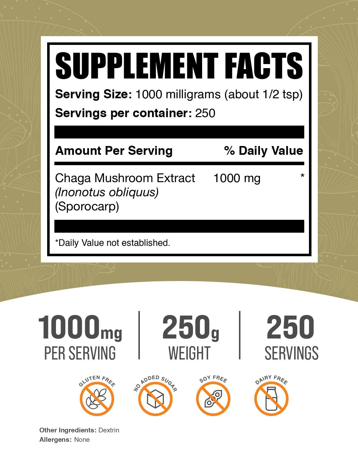 Chaga mushroom extract powder label 250g