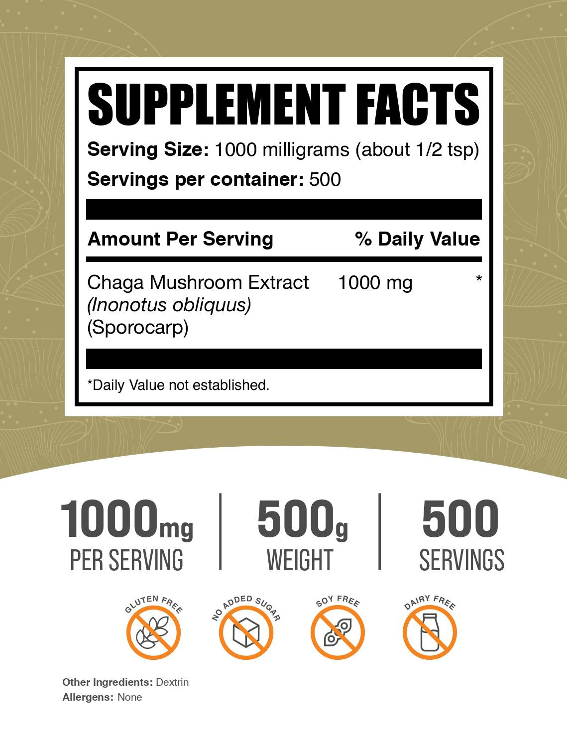 Chaga mushroom extract powder label 500g