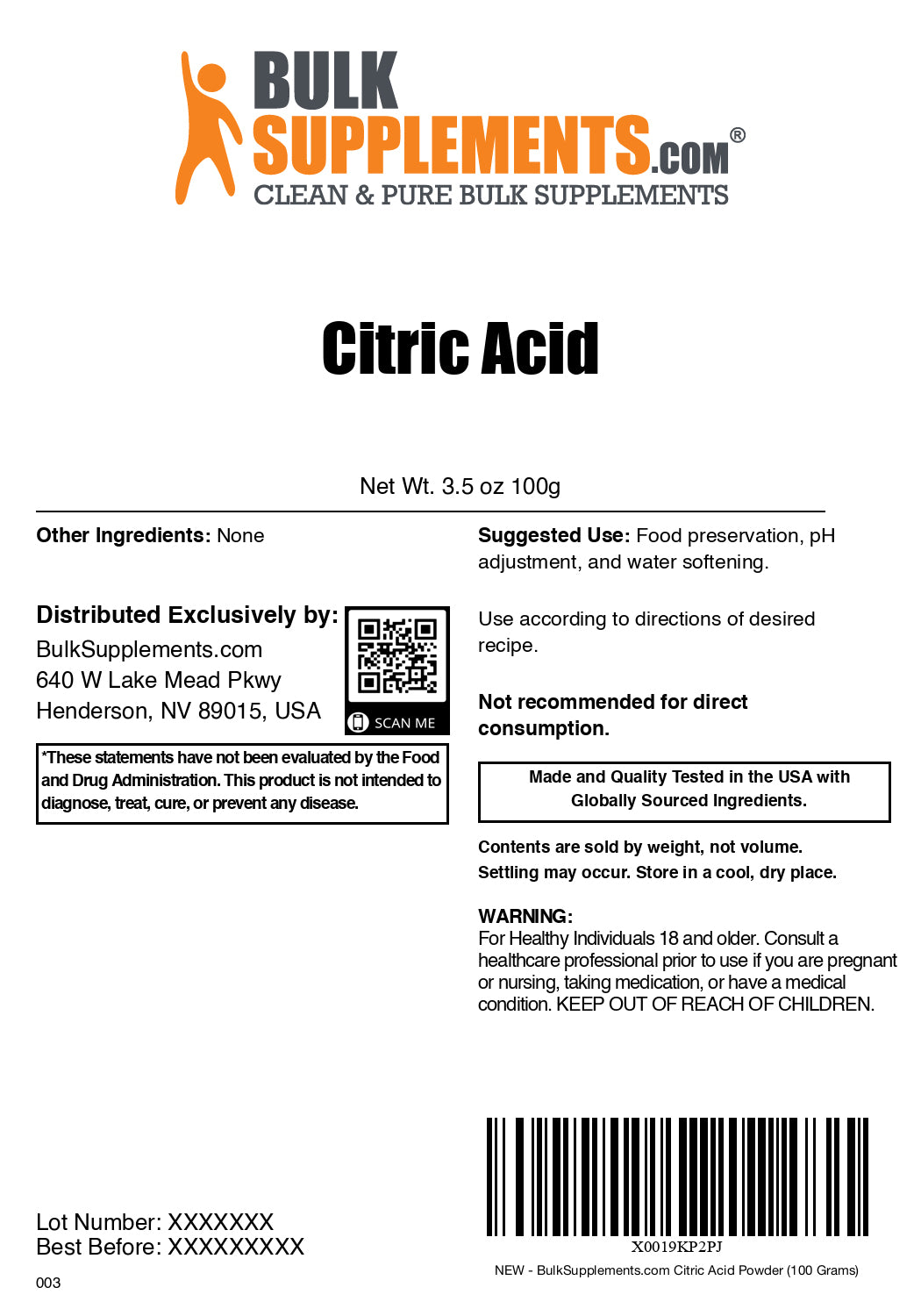 Citric acid powder label 100g