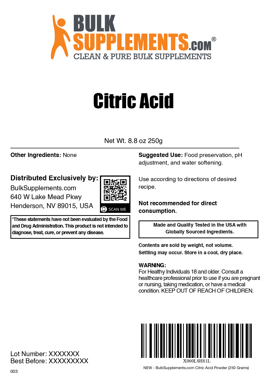 Citric acid powder label 250g