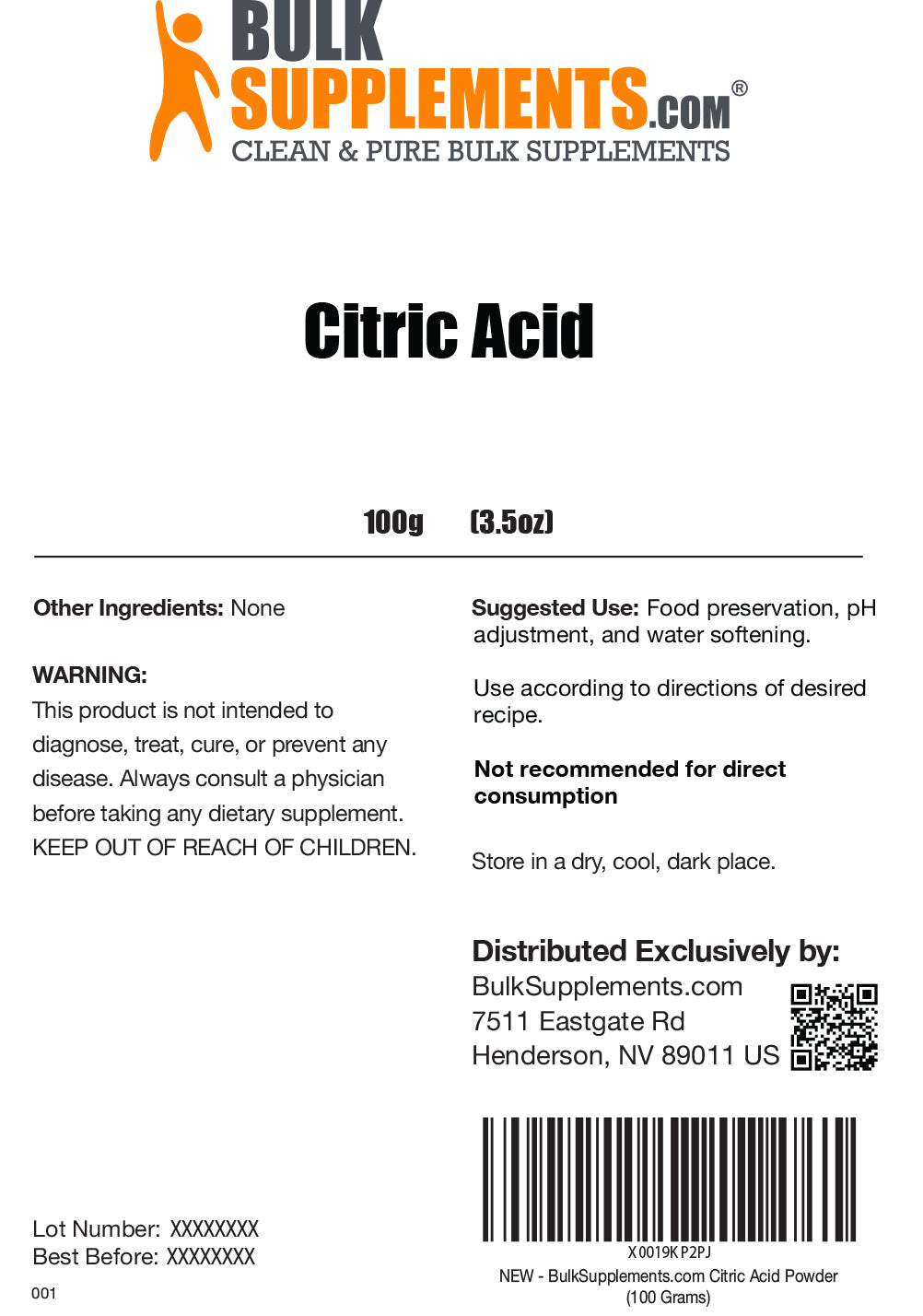 Citric Acid powder label 100g
