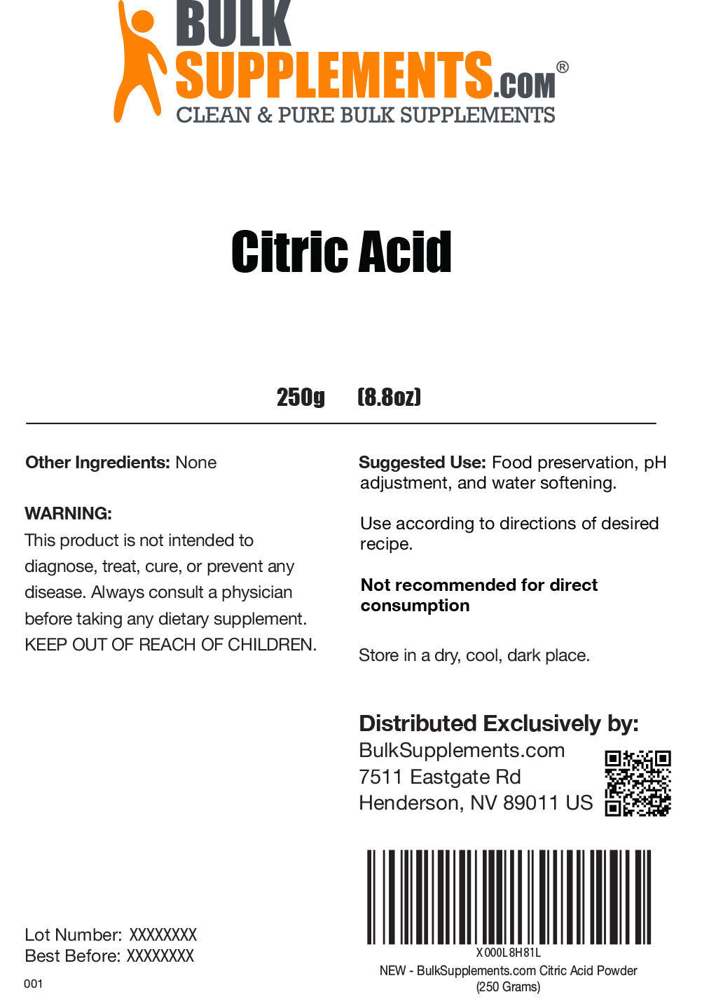 Citric Acid powder label 250g