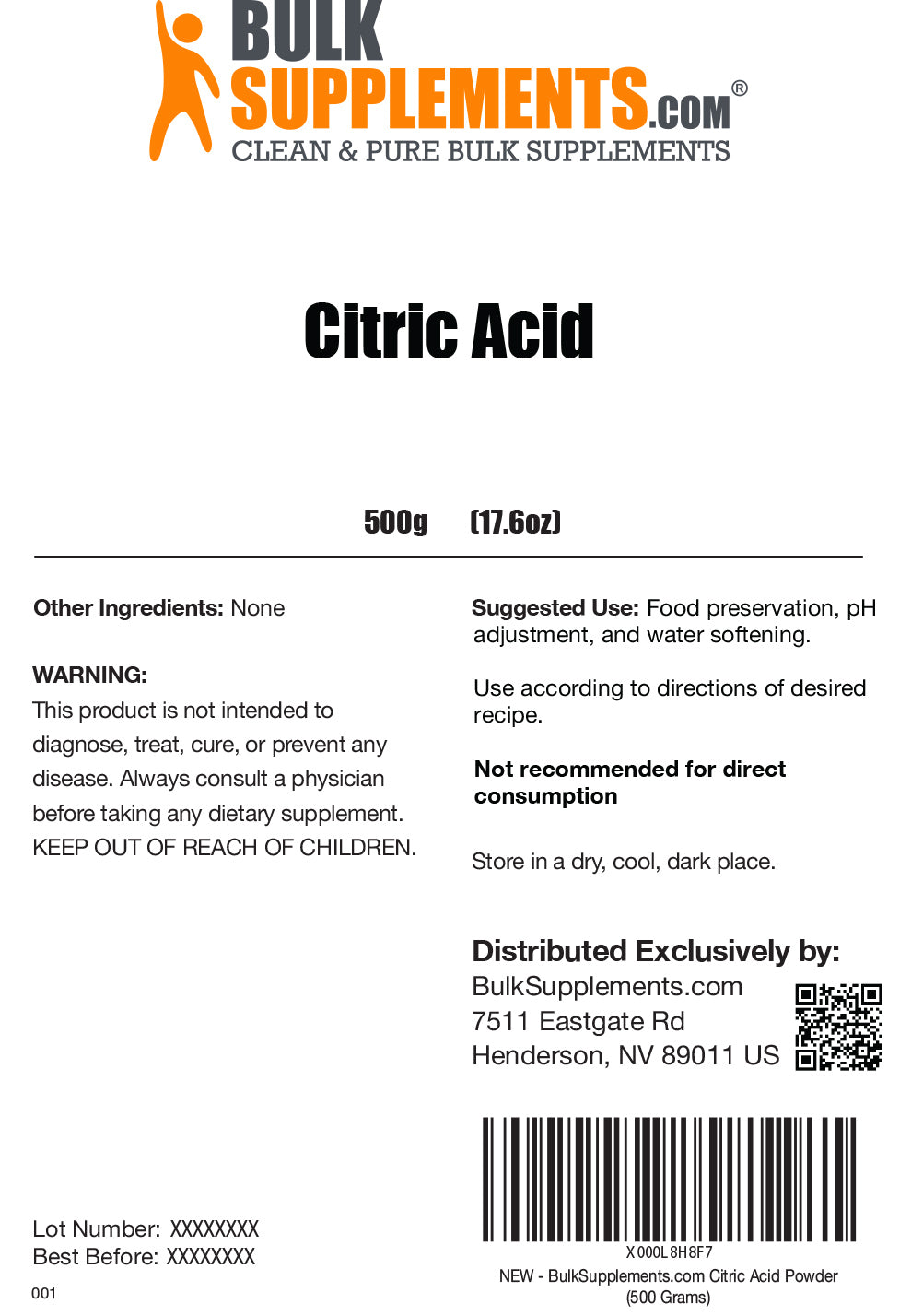 Citric Acid powder label 500g