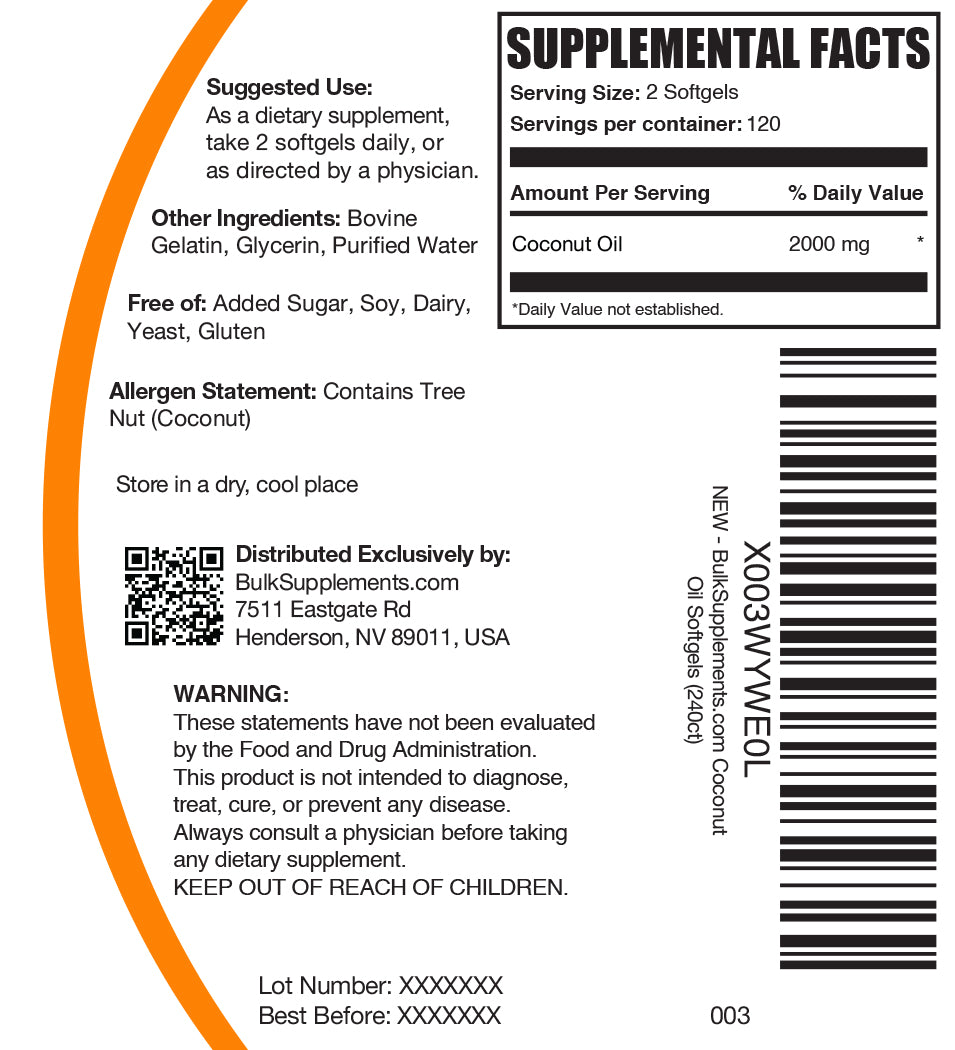 Coconut oil softgels 240 ct label