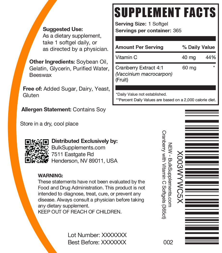 Cranberry & Vitamin C Softgels 365 ct label