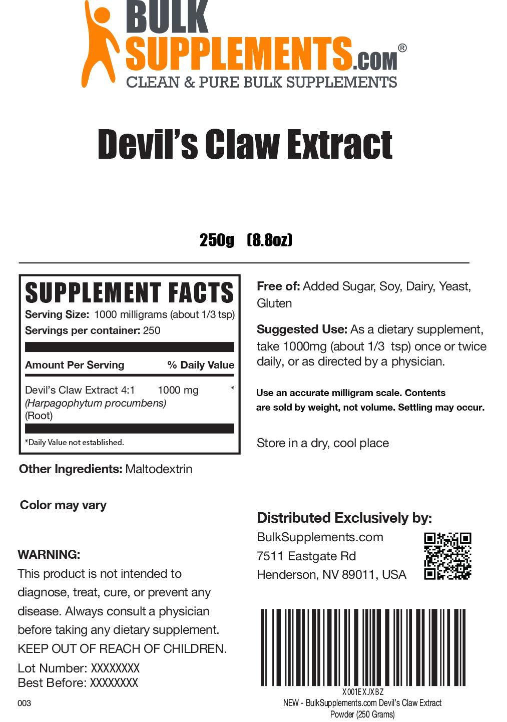 Devil's Claw Extract powder label 250g