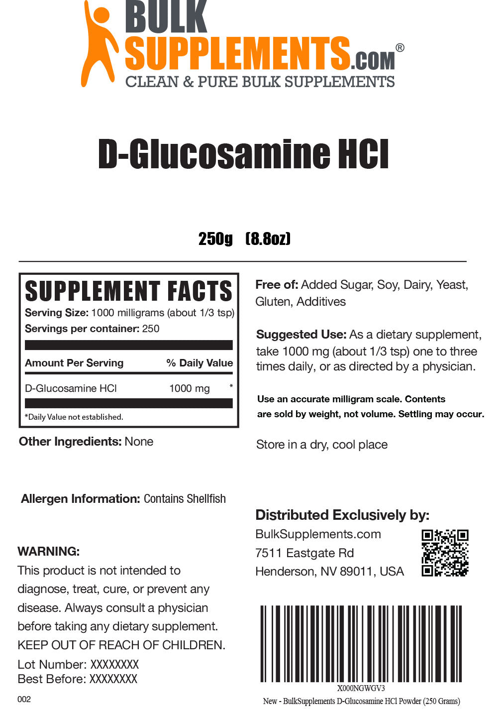 D-Glucosamine HCl powder label 250g