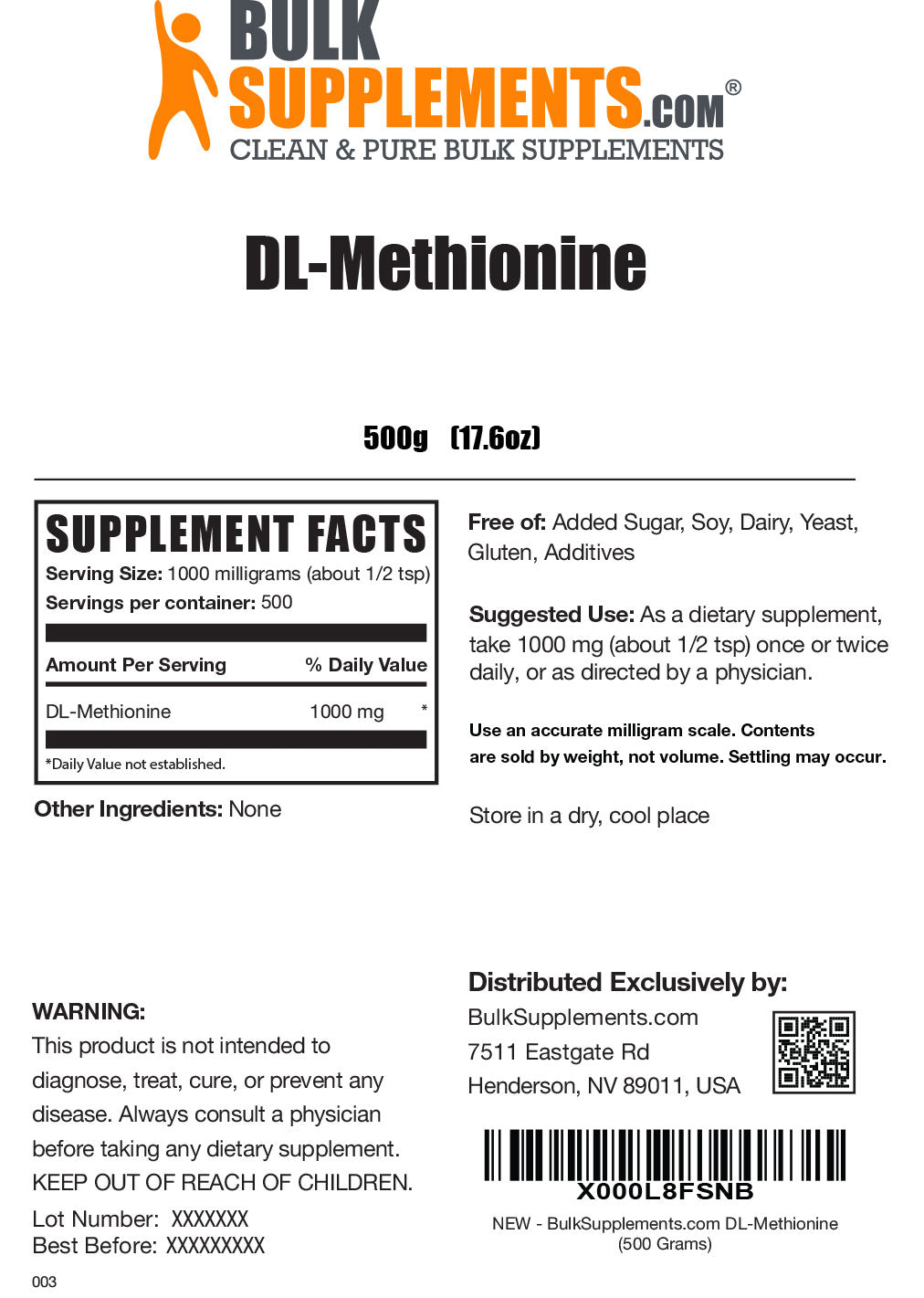 DL-Methionine powder label 500g