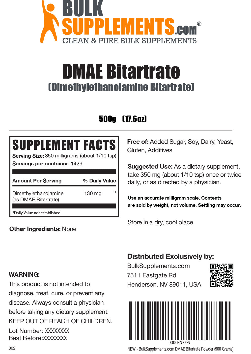 DMAE-Bitartrate powder label 500g