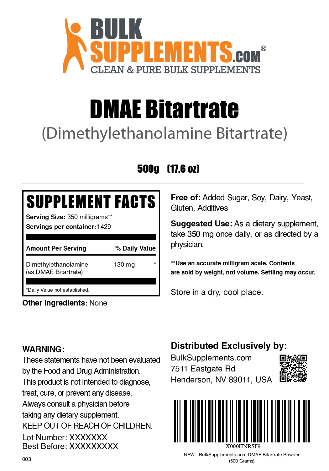 DMAE-Bitartrate powder label 500g