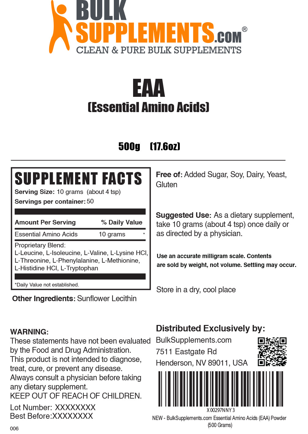 Essential amino acids powder label 500g