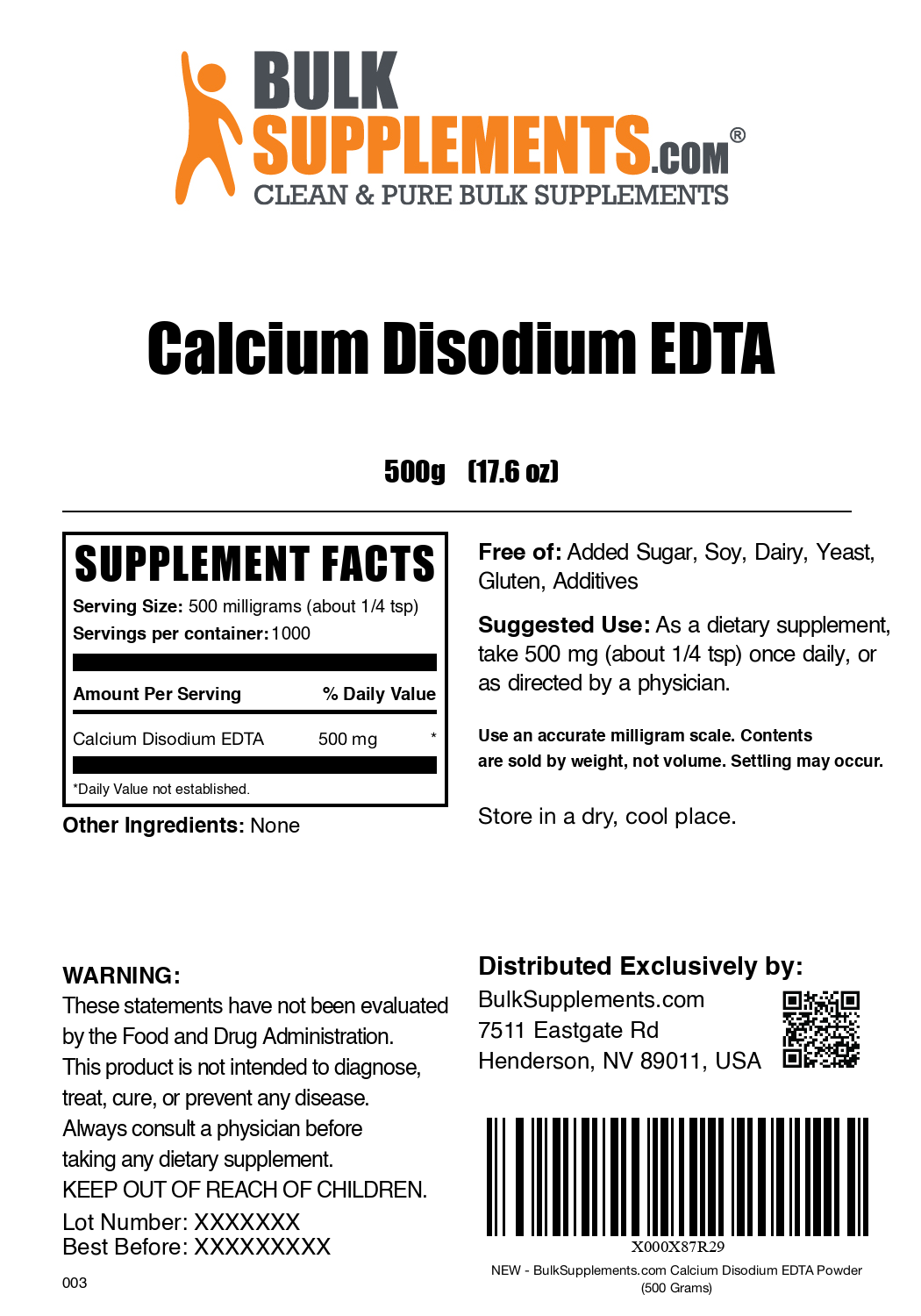 Calcium Disodium EDTA powder label 500g