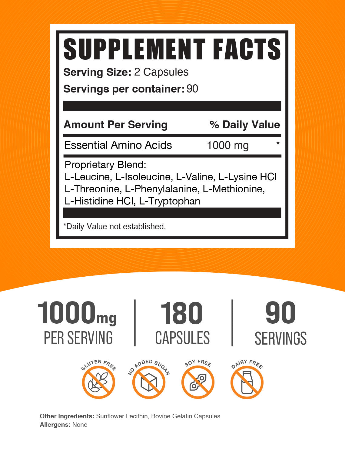 Essential amino acid capsules 180 ct label