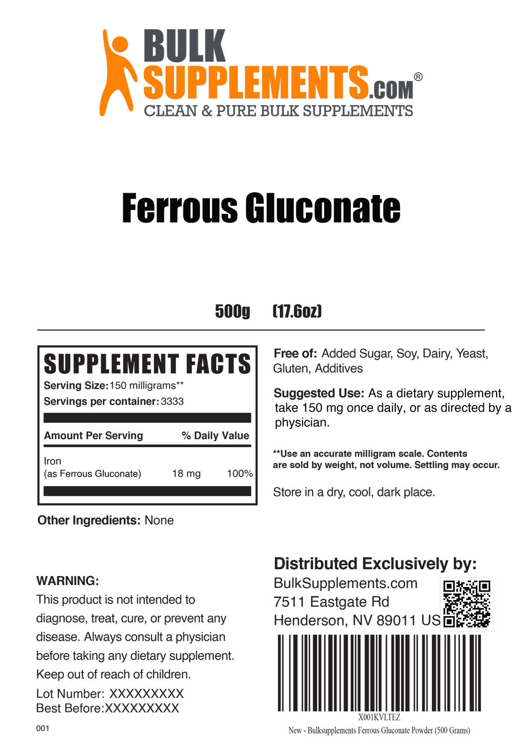 Ferrous Gluconate powder label 500g