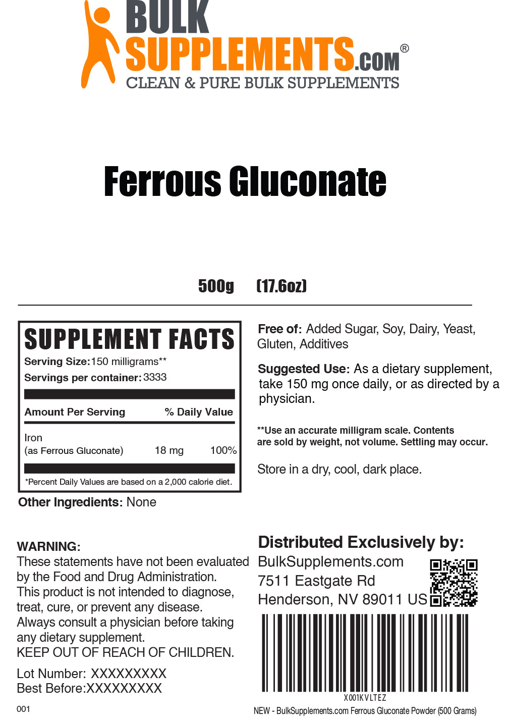 Ferrous gluconate powder label 500g