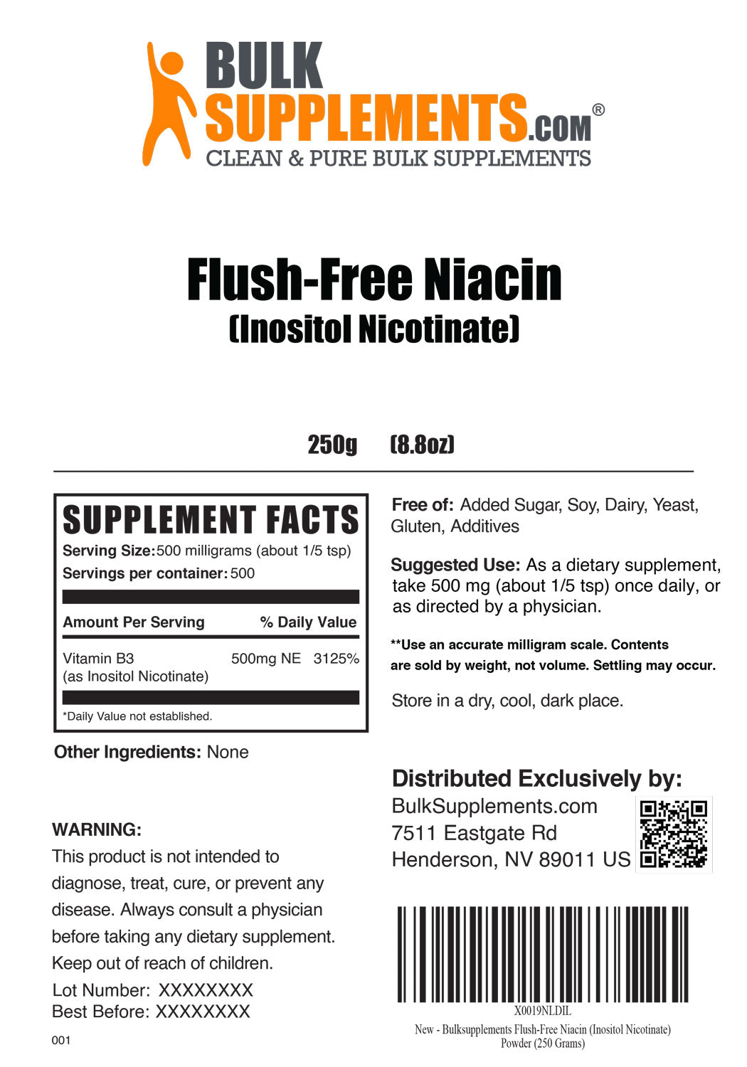 Flush-free Niacin powder label 250g