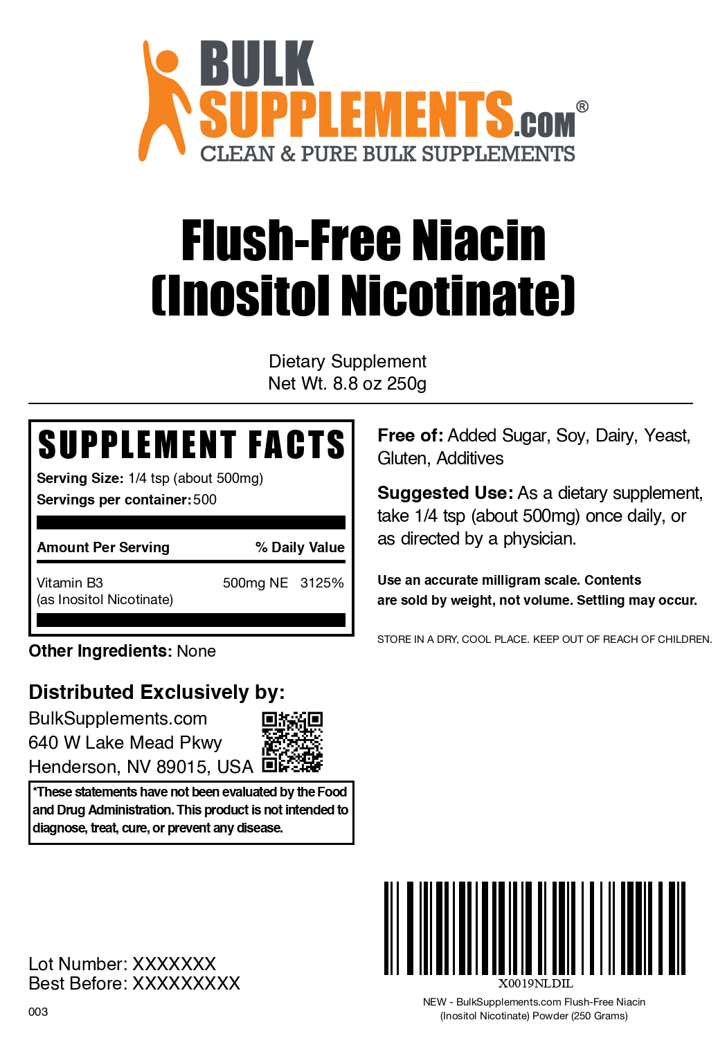 Flush free niacin powder label 250g