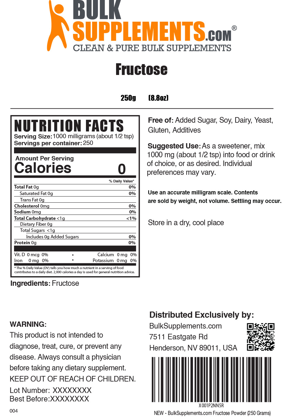 Fructose powder label 250g