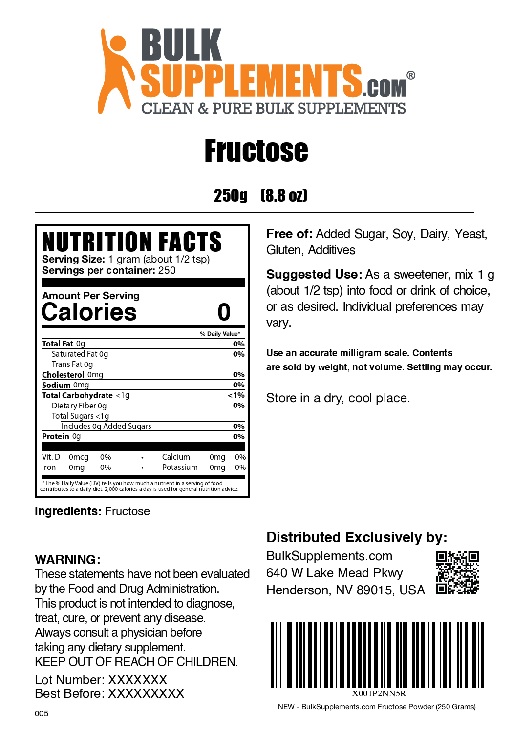 Fructose (Sugar) powder label 250g